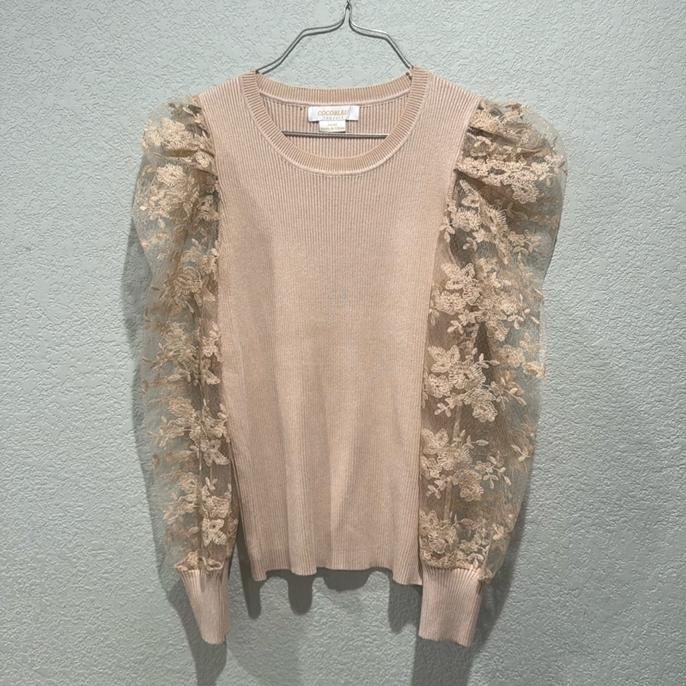 COCOBLEU Ribbed Cream Lace Top